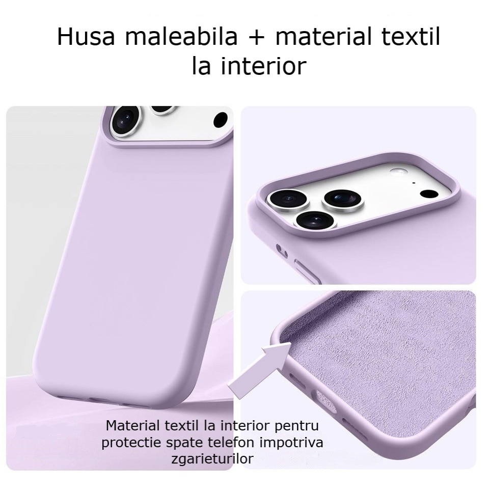 Husa protectie compatibila cu iPhone 17 Pro Max, slim, silicon Mov cu interior din microfibra, protectie camera, protectie ecran, ISAG