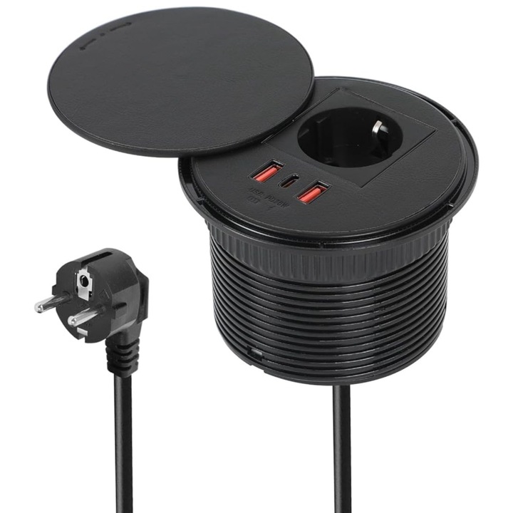 Вграден контакт, Adsinio, 1 Schuko, 2 USB-A, 1 USB-C, 1.6м кабел, 230V, 16A, 4000W, Черен