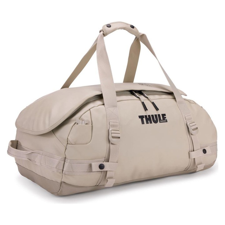 Geantă sport Thule Chasm 40L, bej, din poliester reciclat, transformabilă în rucsac, 56x32x25.5cm