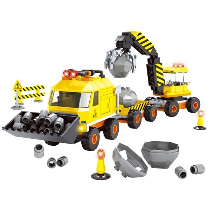 Cuburi Constructie Vehicule Santier cu Bila de Demolare 283 piese Set Constructie Camion Excavator Figurine