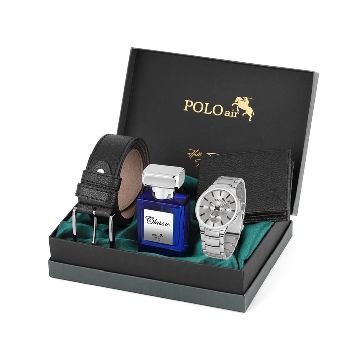 Set pentru barbati, POLO Air, Portofel, Ceas, Curea, 55ml Parfum 55 ml, Negru