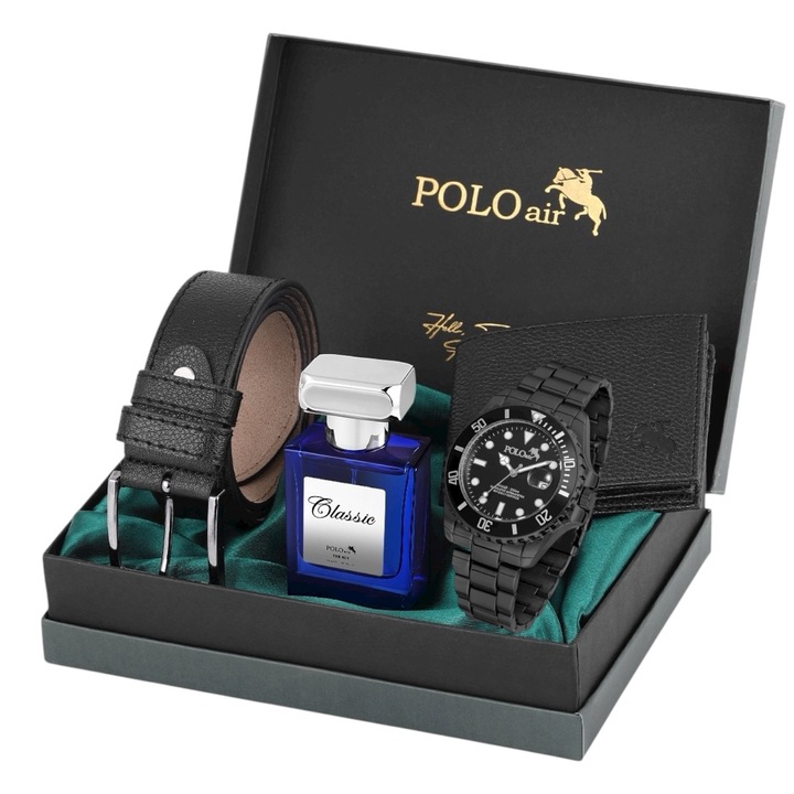 Мъжки комплект, POLO Air, Портфейл, Колан, черен Часовник, 55мл Парфюм, черен