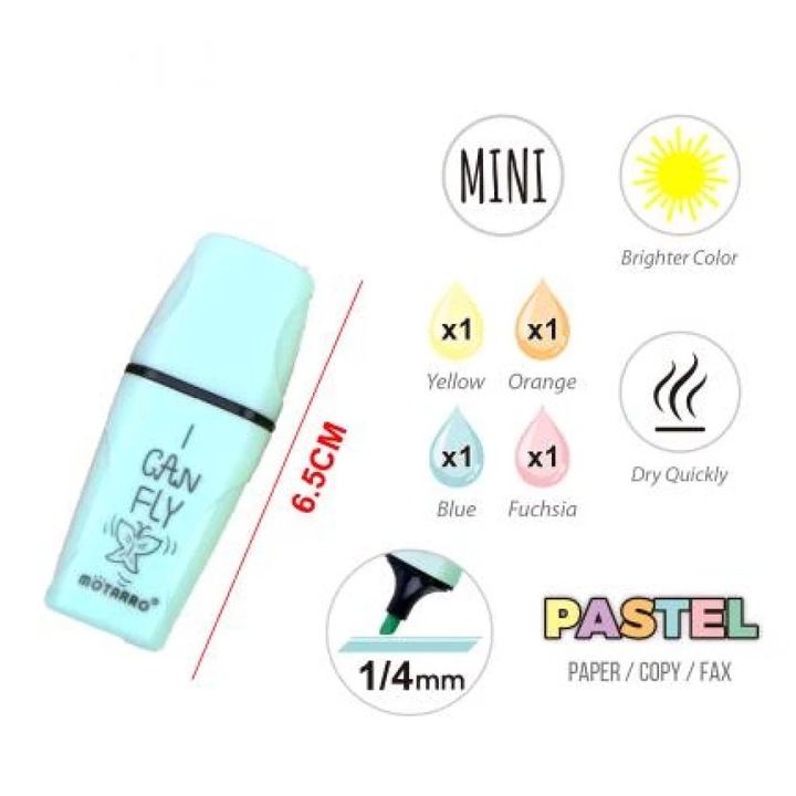 Комплект мини пастелни текстови маркери - жълт, оранжев, син, фуксия, 6,5 см × 1–4 мм, 4 броя