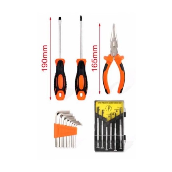 Műanyag, acél univerzális szerszámkészlet – 17 db L-imbuszkulcs, csavarhúzó és fogó – 190, 165 mm