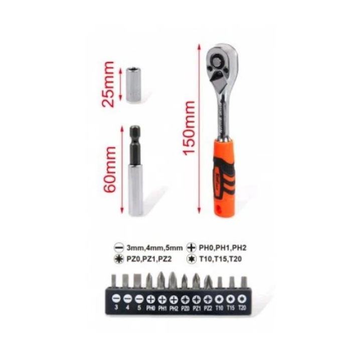 Műanyag, karbonacél racsnis csavarhúzó bitkészlet – 12 db bit, 150 mm fogantyú – 6 mm szár – 60 mm mágneses adapter