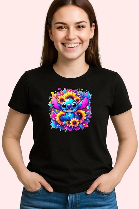 Tricou Dama Stitch Cu Flori Colorate, Negru