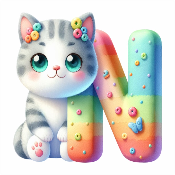 Sticker perete copii Litera cu Pisica – 30 cm, Autocolant Textil Premium, Repozitionabil, Fara PVC, Decor camera copilului