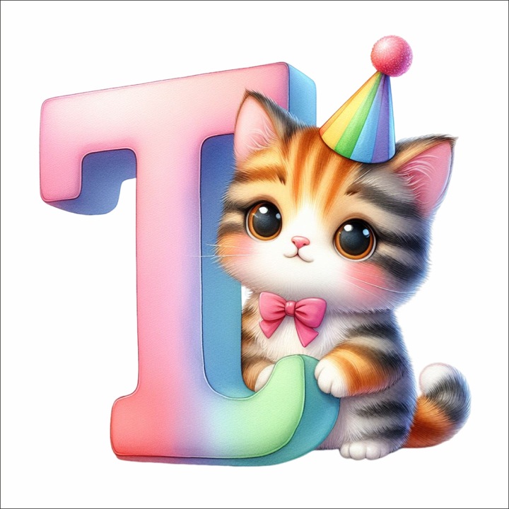 T betűs falmatrica cicával – gyerekszoba dekoráció, 30 cm, prémium textil matrica, áthelyezhető, PVC-mentes