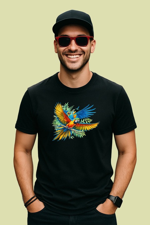Tricou Barbat Papagal Colorat Zburator, Negru