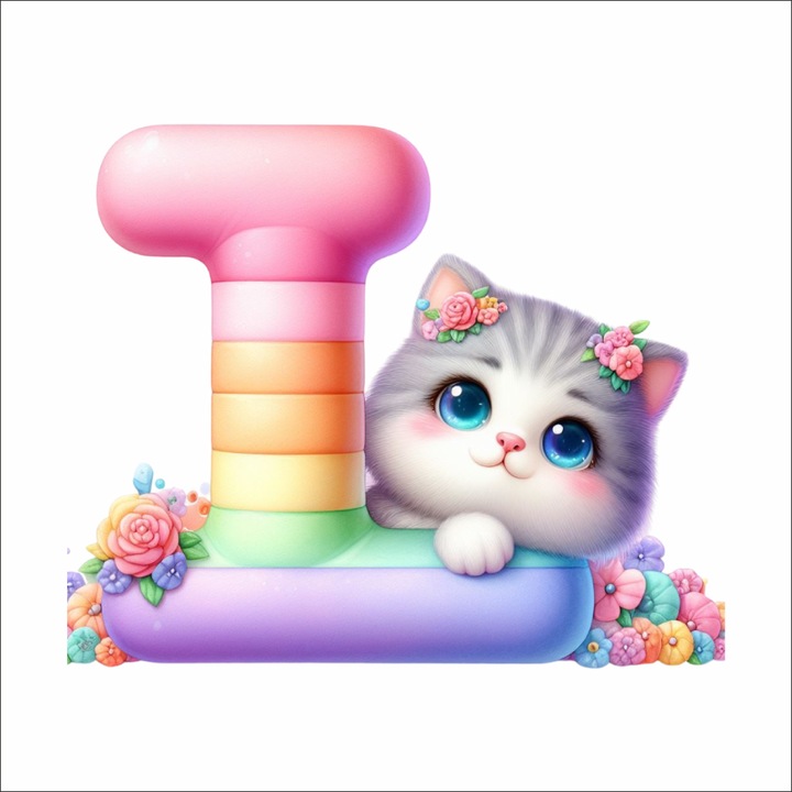 Fali matrica L betű macskával – gyerekszoba dekoráció, 30 cm, prémium textil matrica, áthelyezhető, PVC-mentes