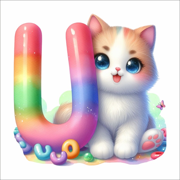 U betűs falmatrica cicával – gyerekszoba dekoráció, 30 cm, prémium textil matrica, áthelyezhető, PVC-mentes