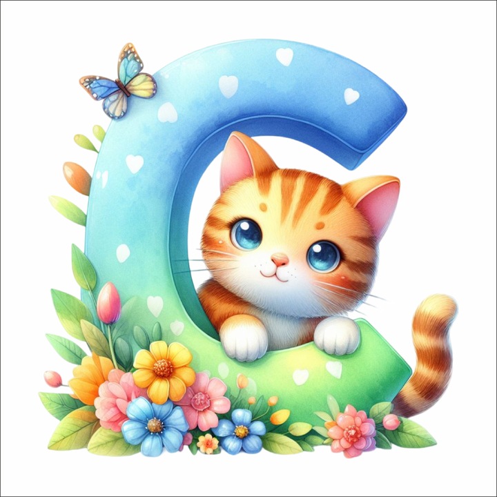 C betűs falmatrica cicával – gyerekszoba dekoráció, 30 cm, prémium textil matrica, áthelyezhető, PVC-mentes