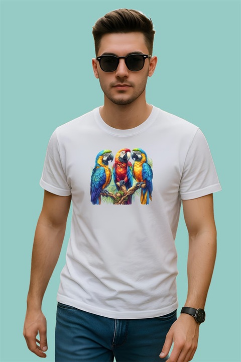 Tricou Barbat Papagali Pereche Colorati, Alb