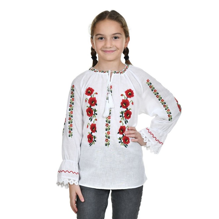 Ie traditionala fete, alba, broderie cu motive florale populare nationale romanesti, 5 - 6 ani, Denikos®TD237