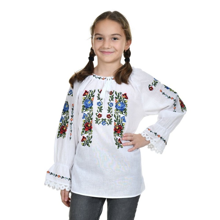 Ie nationala fete, alba, broderie multicolora cu motive florale, traditionale romanesti, 11-12 ani, Denikos®TD241
