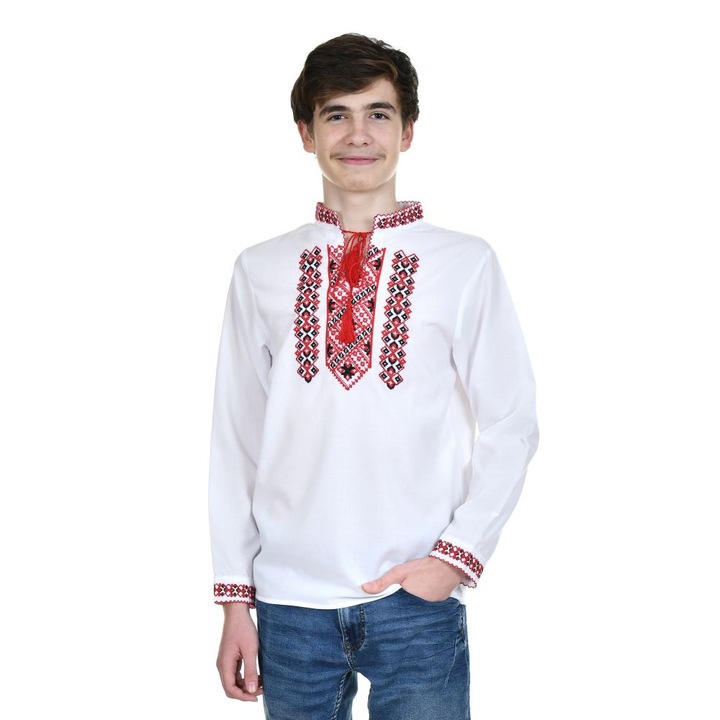 Ie traditionala baieti, alba, broderie rosie, motive nationale populare romanesti, 11 - 12 ani, Denikos®TD242