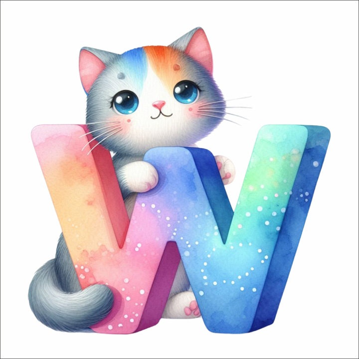 W betűs falmatrica cicával – gyerekszoba dekoráció, 30 cm, prémium textil matrica, áthelyezhető, PVC-mentes