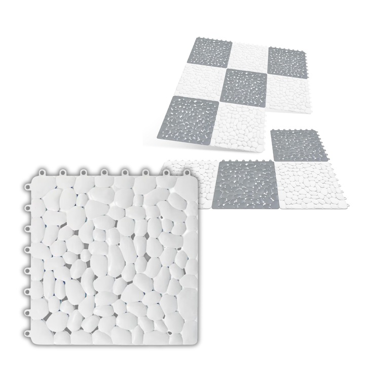 Set 4 covoare antiderapante, LuckyLu, rezistente la apa, ideale pentru bai si zone umede, alb, 30x30cm