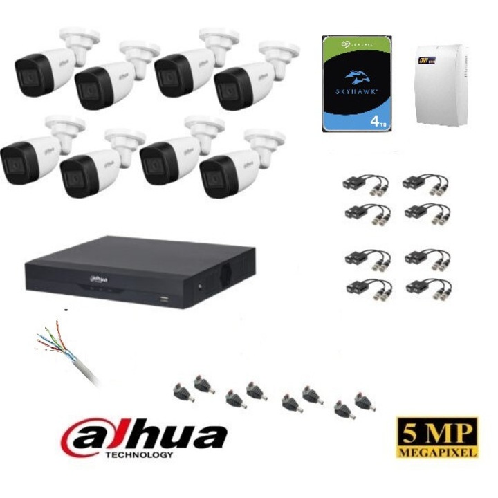 Комплект за видеонаблюдение Dahua 8 камери 5MP, HDD 4TB, Захранване, FTP кабел 100м