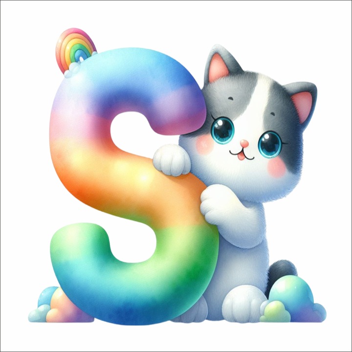 Sticker perete copii Litera cu Pisica – 30 cm, Autocolant Textil Premium, Repozitionabil, Fara PVC, Decor camera copilului