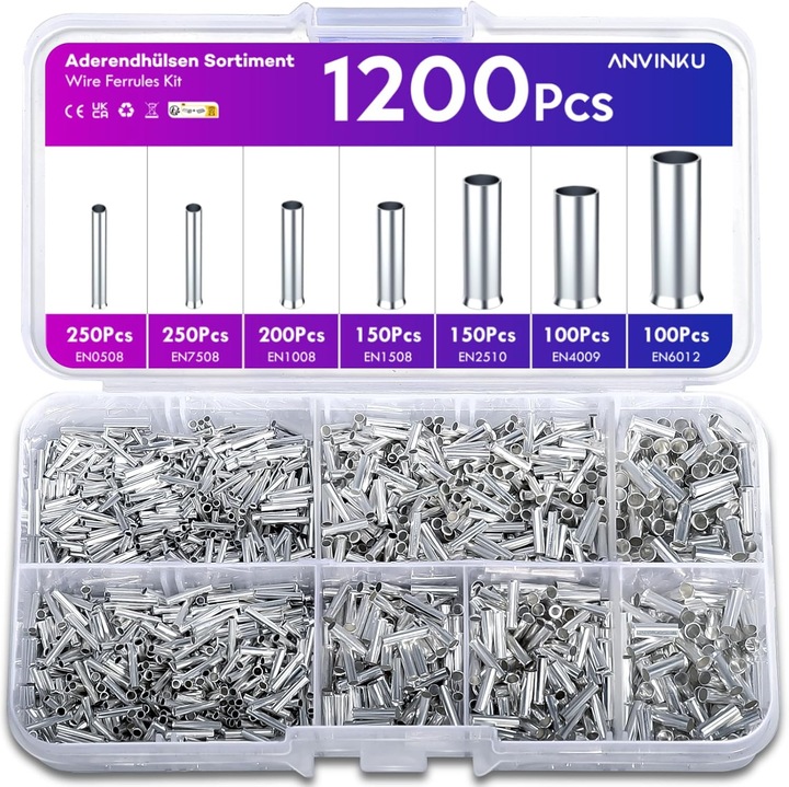 Set 1.200 pini terminali neizolati pentru sertizare, 7 tipuri de pini neizolati din cupru, pentru cabluri electrice 0,5/0,75/1/1,5/2,5/4,0/6,0 mm²