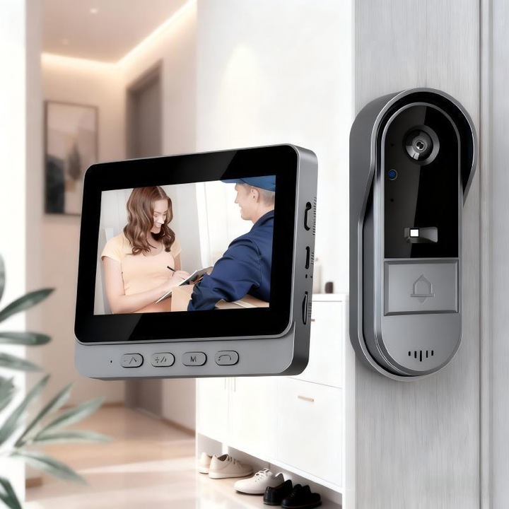 Sonerie Fara Fir/Wireless, AjieQaQ, Clopotel Wireless cu Camera HD, Notificare si Captura Imagine la Apasare, Vedere Nocturna, Bluetooth, Rezistenta Apa IP65, Unghi Larg 170° - Instalare Usoara, Autonomie Mare
