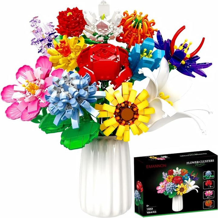 Комплект за Конструиране на Цветя, за Деца 6+ Години, Букет от 12 Изкуствени Цветя от 1064 Части ABS, Образователна Творческа Играчка, Игра за Сглобяване - Подарък за Момичета, Момчета - Многоцветен Модел
