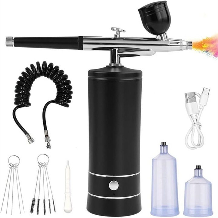 Set Aerograf Airbrush Portabil cu Compresor, EZGETOP®, Duza 0.3mm, pulverizator de mana, pentru Manichiura, Pictura corp, Tatuaj Semipermanent, ornare torturi, Negru
