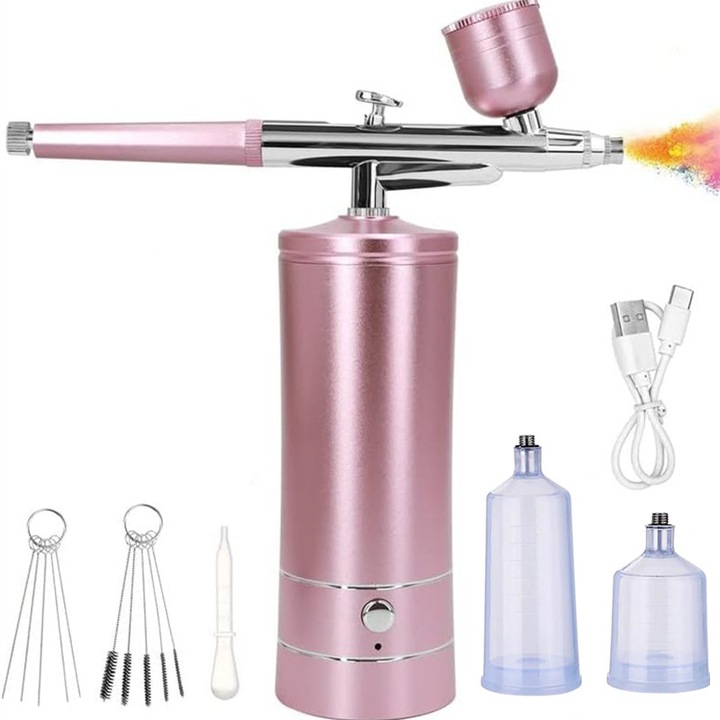 Set Aerograf Airbrush Portabil cu Compresor, EZGETOP®, Duza 0.3mm, pulverizator de mana, pentru Manichiura, Pictura corp, Tatuaj Semipermanent, ornare torturi, Roz