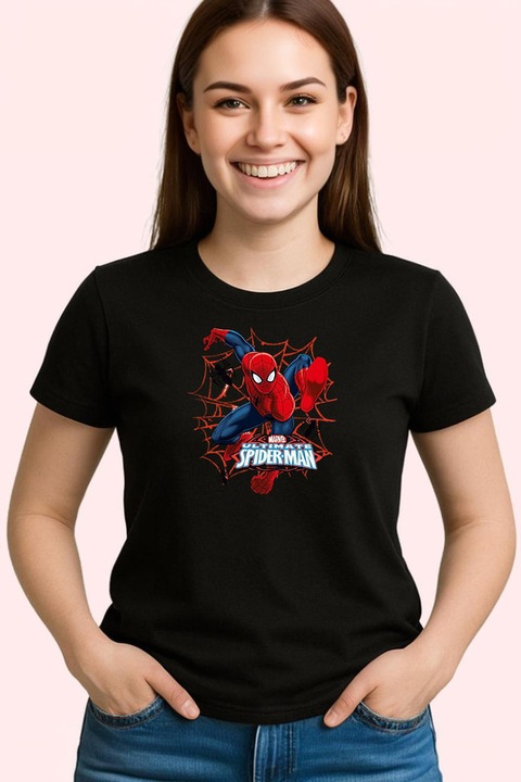 Tricou Dama Spiderman Panza Actiune, Negru