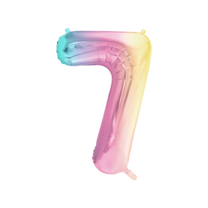 Balon folie cifra 7 PartyDeco pastel curcubeu 86x100cm cu pai pentru umflare