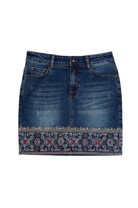 Fusta Dama, Desigual, Denim, Motiv Floral 2288, Albastru inchis, S