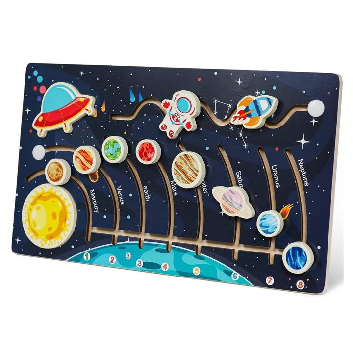 Puzzle educativ din lemn Sistemul Solar 3D cu 8 planete, multicolor