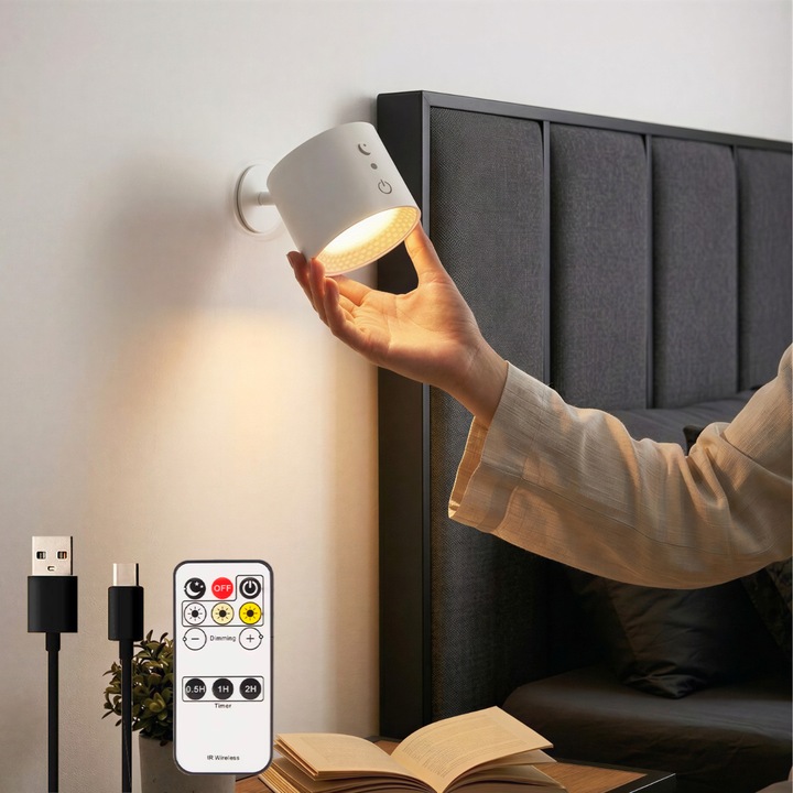 Aplica LED perete UMMO®, Reincarcabila, Montare fara gaurire, Aplica fara fir, Atasabil magnetic, Rotatie 360°, Intensitate reglabila, 3 temperaturi 3000K-6000K, Baterie 1800mAh, USB-C, Telecomanda, Alb, Lampa perete pentru citit si ambient