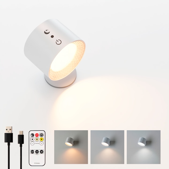 LED аплик за стена UMMO®, акумулаторен, без пробиване, магнитно закрепване, въртене на 360°, регулируем интензитет, 3 цветови температури 3000K-6000K, батерия 1800mAh, USB-C, дистанционно управление, бял, за четене и околно осветление