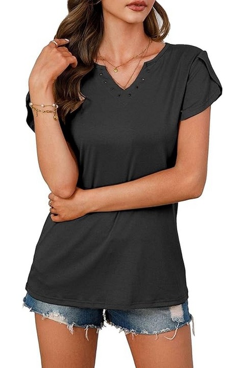 Bluza casual cu maneca scurta, cu decolteu in V pentru dama, negru, SOADKP, Negru