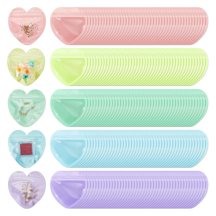 Set 100 pungi holografice reutilizabile, Axroad Mall, Pungi de stocare in forma de inima, Pungi pentru bijuterii, Fereastra Transparenta, Rezistente la apa, Nontoxice, etanse, Protectie umiditate, Saculeti pentru nunta, Festival, PVC, 10x10cm, Multicolori