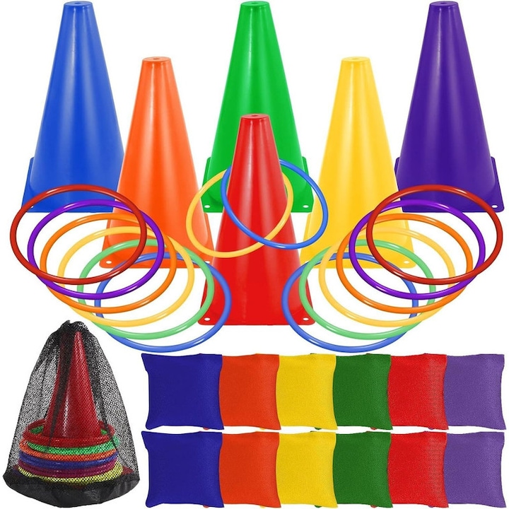 Set jocuri 3 in 1, EOGRFW, conuri colorate, saci cu fasole, inele de aruncat, pentru activitati in aer liber si in interior
