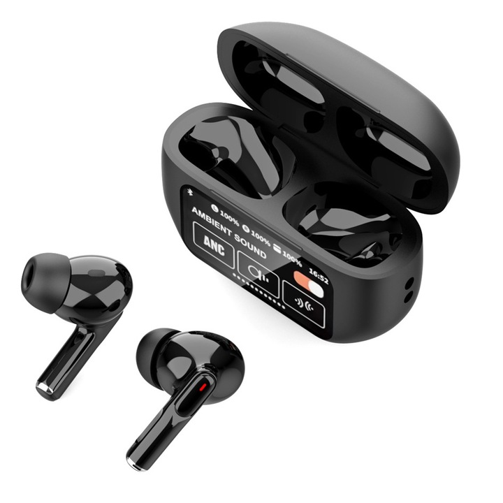 Casti Wireless Bluetooth 5.4, Anulare Activa a Zgomotului ANC, Anulare Zgomot Ambiental ENC, Touch Screen, Ecran Color Inteligent, Culoare Negru