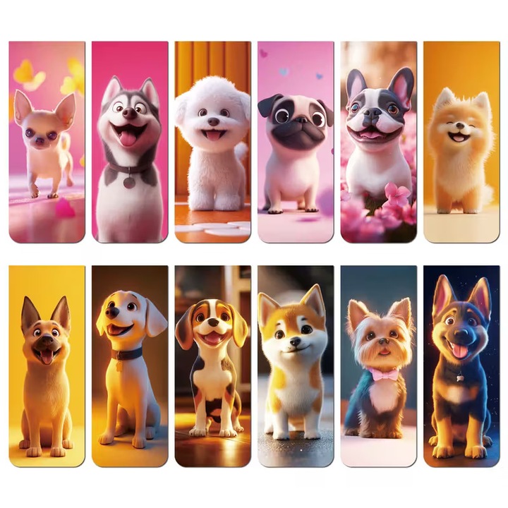 Set 12 x Semne Magnetice de Carte cu Caini Dragalasi, Marcaje Colorate cu Ilustratii Vesele, Accesorii pentru Cititori, Profesori, Scoala si Birou