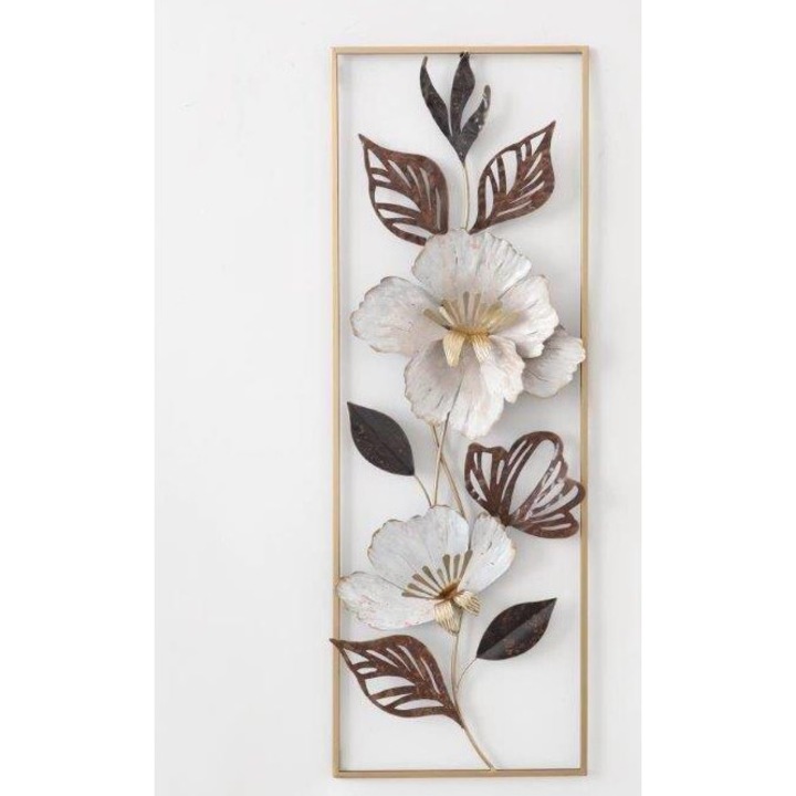 Decoratiune metalica de perete flori cu frunze, 31,1x89,5cm, rama aurie