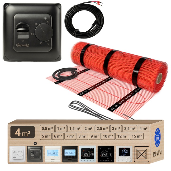 Pachet (saltea) covor incalzire in pardoseala Warmcoin WCM, 4.0m² (640W, 230V), termostat analogic W70 cu senzor de pardoseala inclus, negru