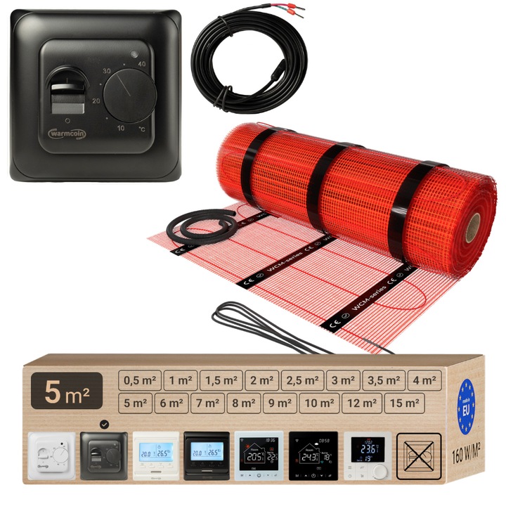 Pachet (saltea) covor incalzire in pardoseala Warmcoin WCM, 5.0 m² (800W, 230V), termostat analogic W70 cu senzor de pardoseala inclus, negru