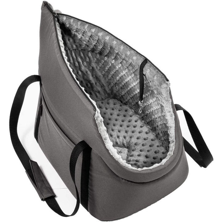 Geanta de transport pentru caini si pisici, BOUTIQUE ZOO, S, 34x22x26cm, gri inchis, cu buzunar si prindere de siguranta