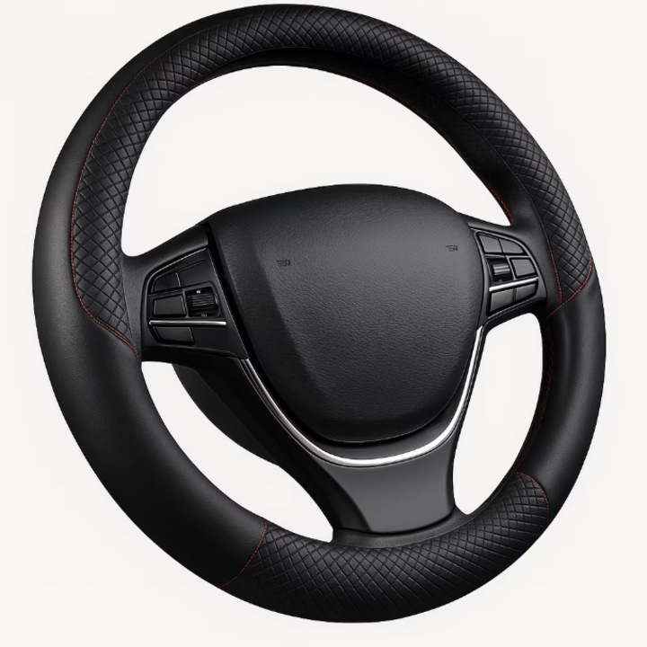 Husa de Volan Auto Premium din Fibra de Carbon, Neagru cu Cusaturi Rosii, 38cm, Design Modern, Anti-Alunecare