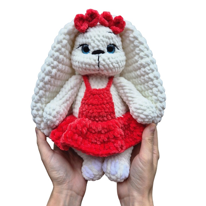 Iepuraș croșetat din pluș, lucrata manual, rosu/alb, 32cm