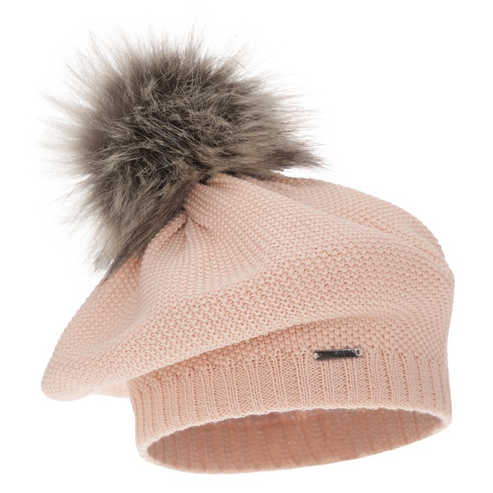 Bereta de iarna pentru femei, lana merino, pompon, roz, marime universala 55-60