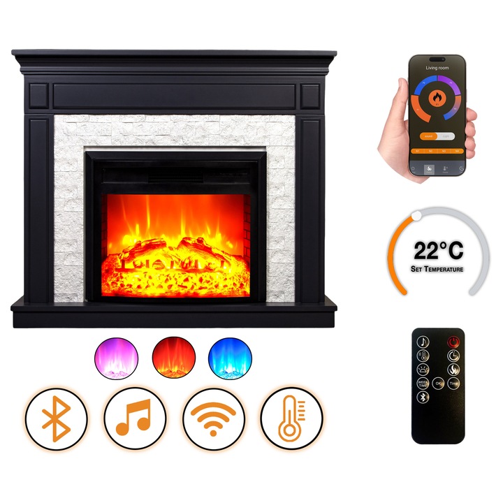 DLC Home Morella EF 4 Elektromos Kandalló, 118×94×34 cm MDF + Terméskő, Bluetooth, Pattogó Tűzhang