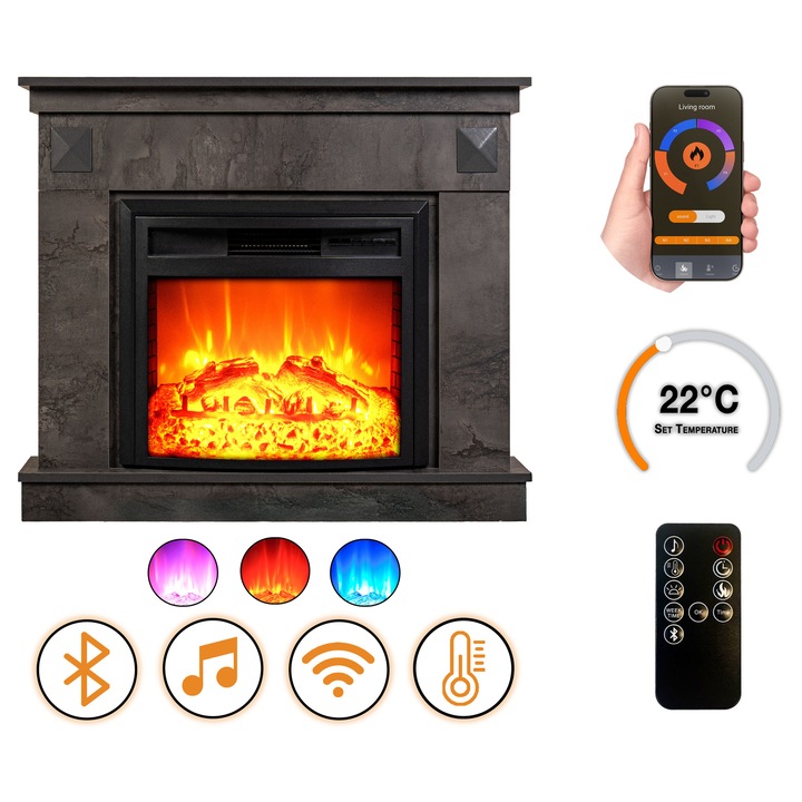 DLC Home Irony Gray EF 4 Elektromos Kandalló, 115×87.5×28.5 cm Sötétszürke Beton Felület, Bluetooth, Pattogó Tűzhang