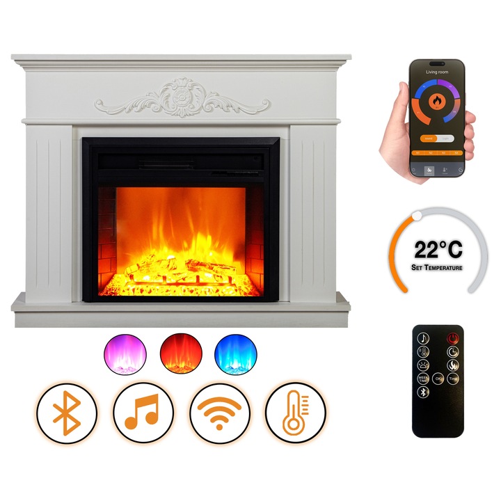 DLC Home Fabienne Striped EF 3 Elektromos Kandalló, 110×90×24 cm Fehér Lakk, Bluetooth, Pattogó Tűz Hanghatás
